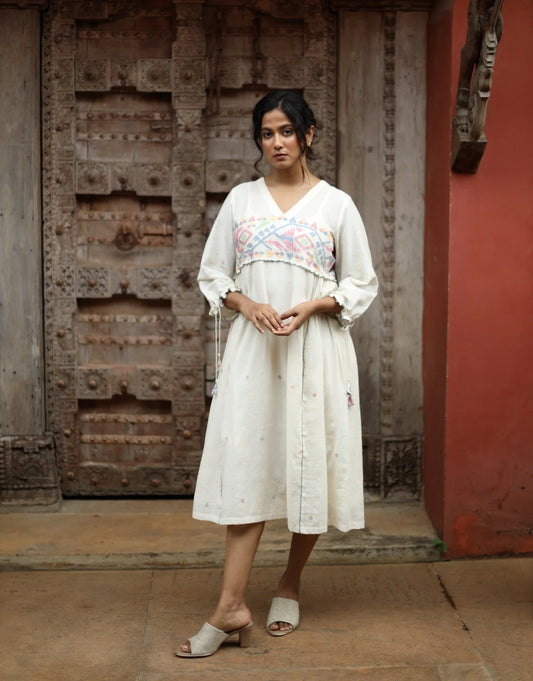 Aroha Jamdani Cotton Calf-length Dress with Yoke