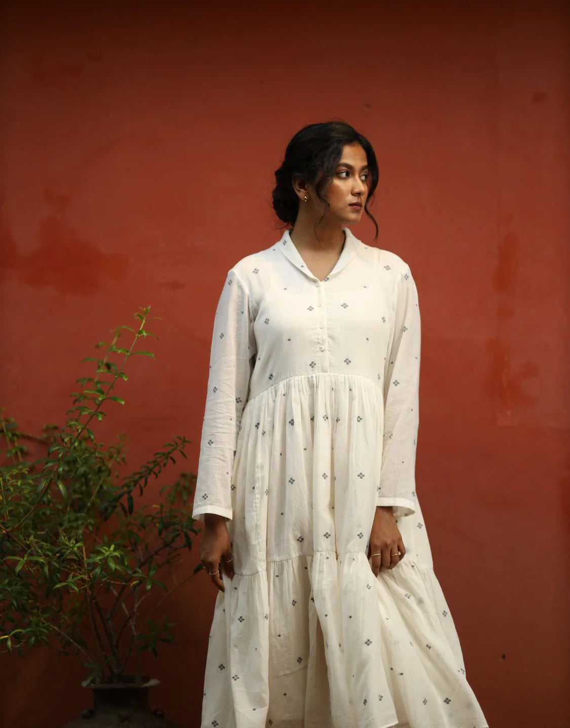 Tara Jamdani Cotton Calf-length Tier Dress