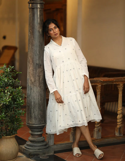 Tara Jamdani Cotton Calf-length Tier Dress