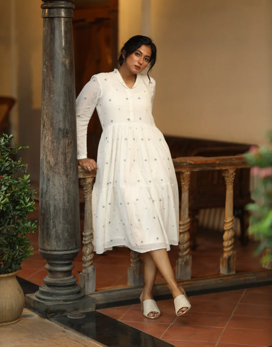 Tara Jamdani Cotton Calf-length Tier Dress